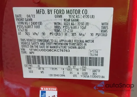 2012 Ford Escape Xlt from USA, damaged, VIN 1FMCU0DG8CKC76763